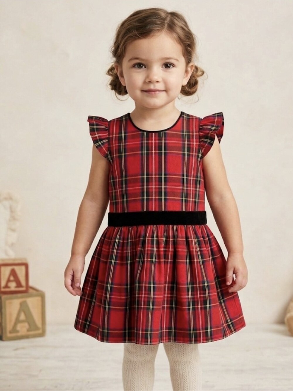NWT Crewcuts Red Plaid Flutter-Sleeve Holiday Dress with Black Velvet Waistband
